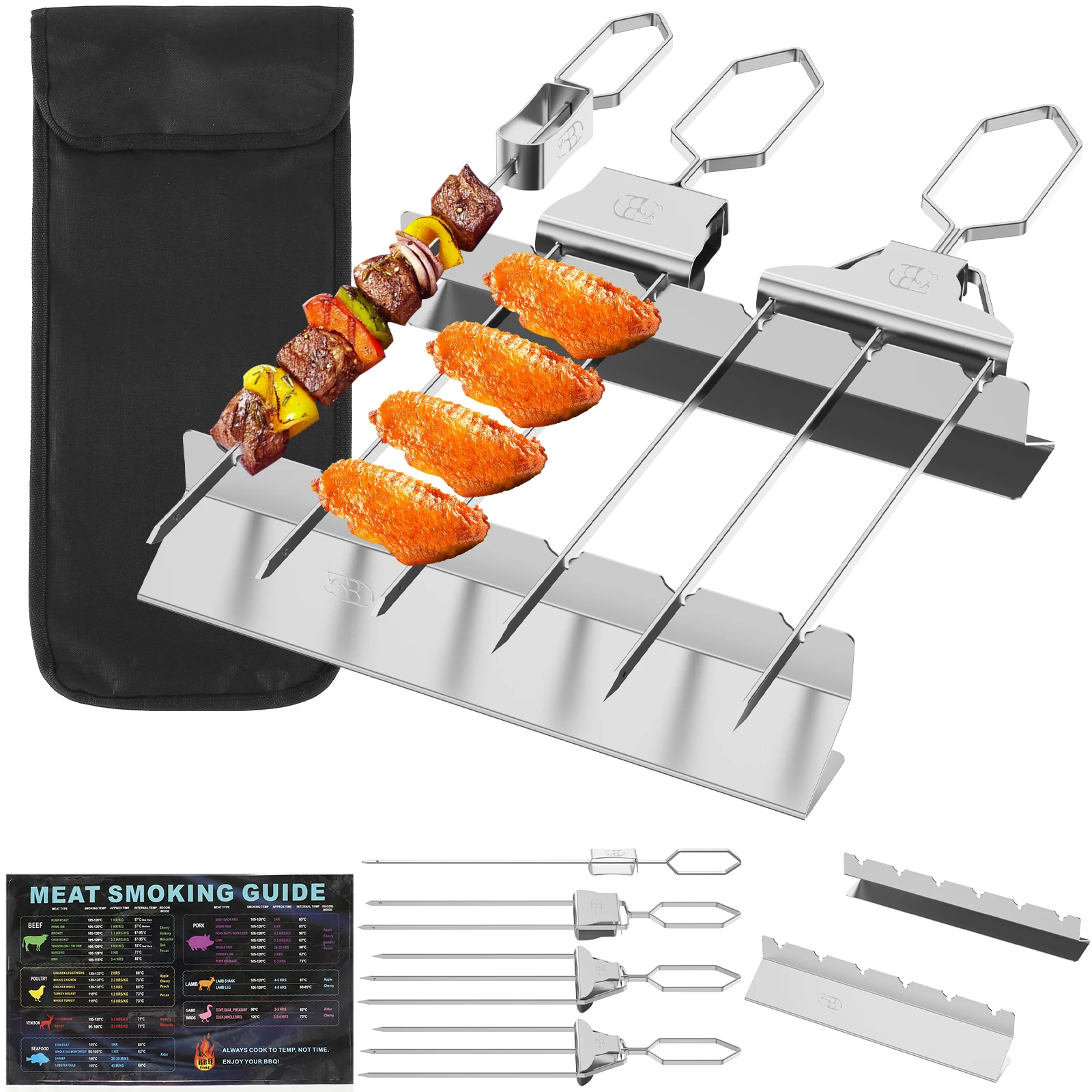 

8PCS Grilling Skewers Set Stainless Steel Kabob Skewers Reusable BBQ Grill Skewer Rack with 3 Prong 2 Prong Single Prong