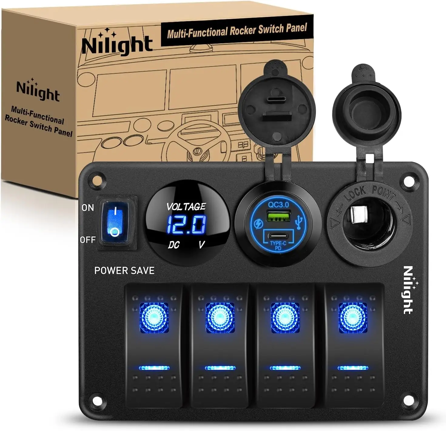

4-х групповая панель кулисного переключателя, водонепроницаемое алюминиевое управление питанием с USB, PD Type C, прикуриватель, вольтметр 12 В/24 В для автомобиля,
