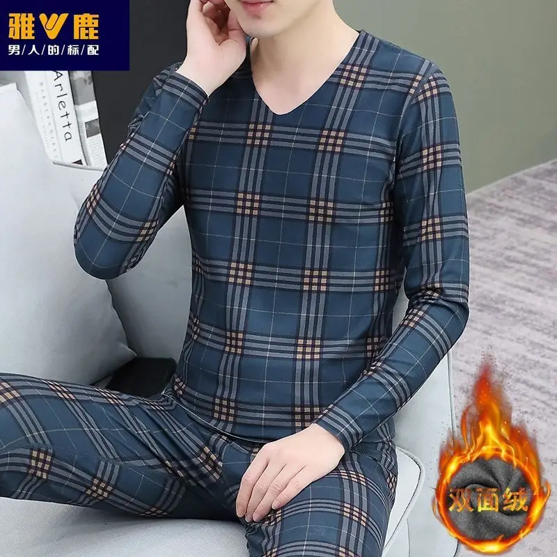고급 탄력성 독일산 벨벳 브이넥 보온 내의 세트 남성용 롱존스 청소년 벨벳 겨울 잠옷 세트