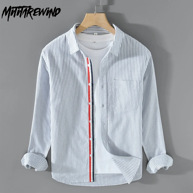 

2024 Spring Summer New Men Shirts Daily Causal Teens Tops Pure Cotton Long Sleeve Striped Shirt with Pocket Simple Camisa Hombre