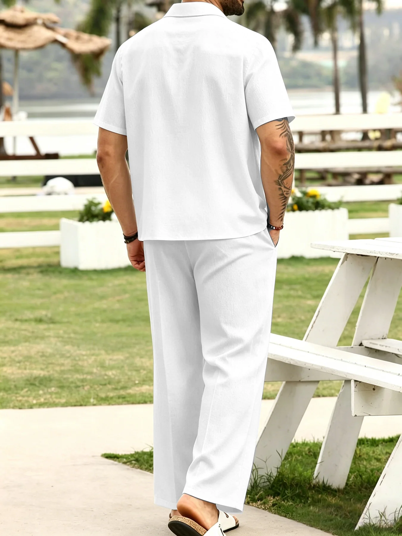 Men's 2 Piece Outfit Comfortable And Breathable Collar Short Sleeve Shirt Drawstring Pants Casual Beach Vacation Resort Wear