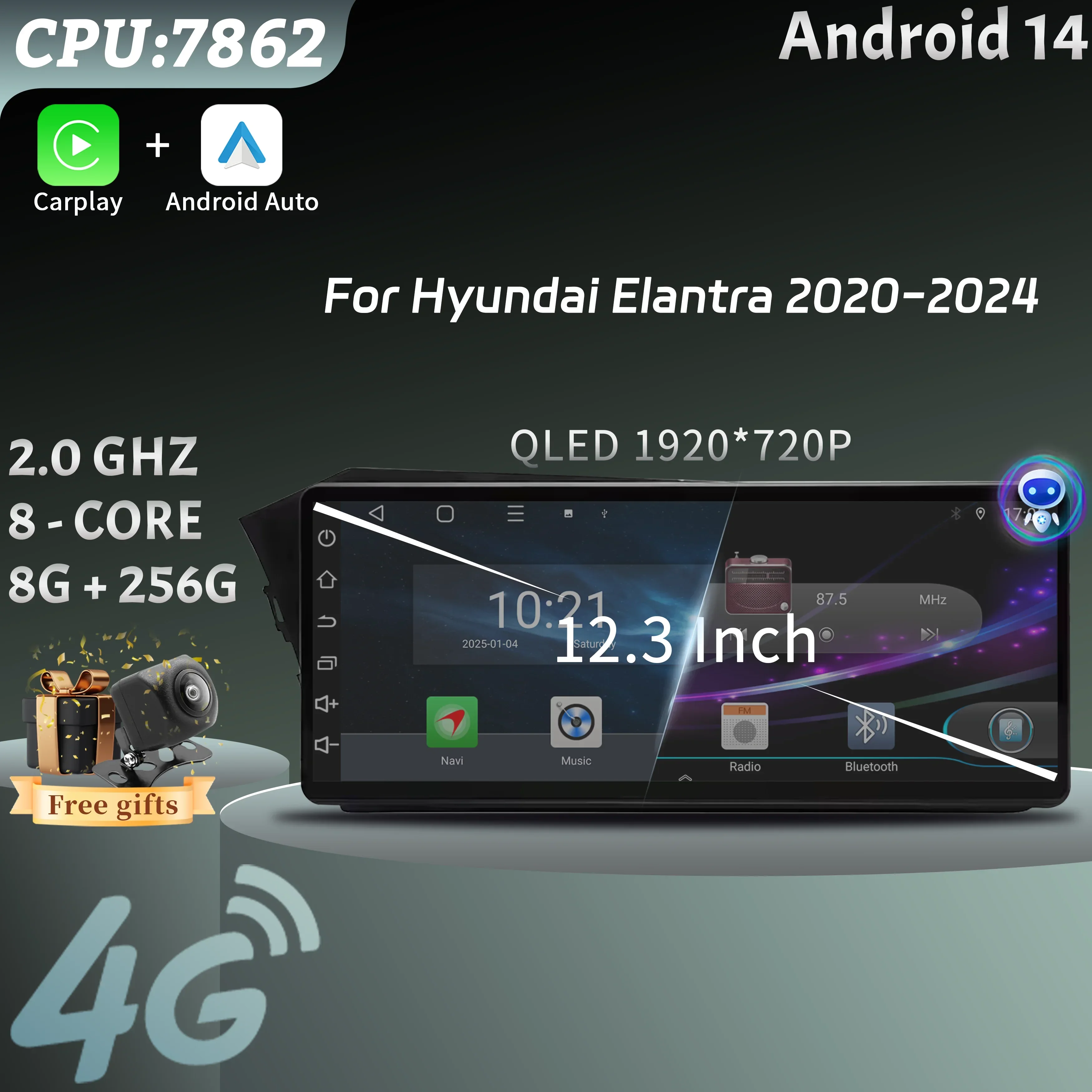 

12.3inch For Hyundai Elantra 2020-2024 Car Radio Multimedia GPS Android Navigation Bluetooth Wireless Carplay Head Unit Screen