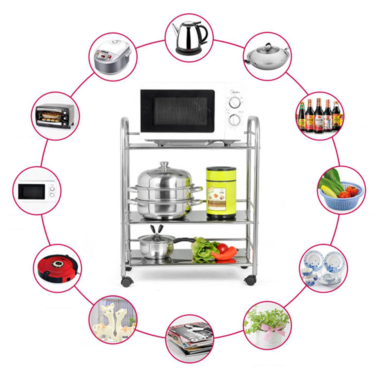 3 Tiers Roestvrij Staal Met 4 Wielen Rollende Utility Cart Trolley Serveerwagen Organizer Opslag Voor Keuken