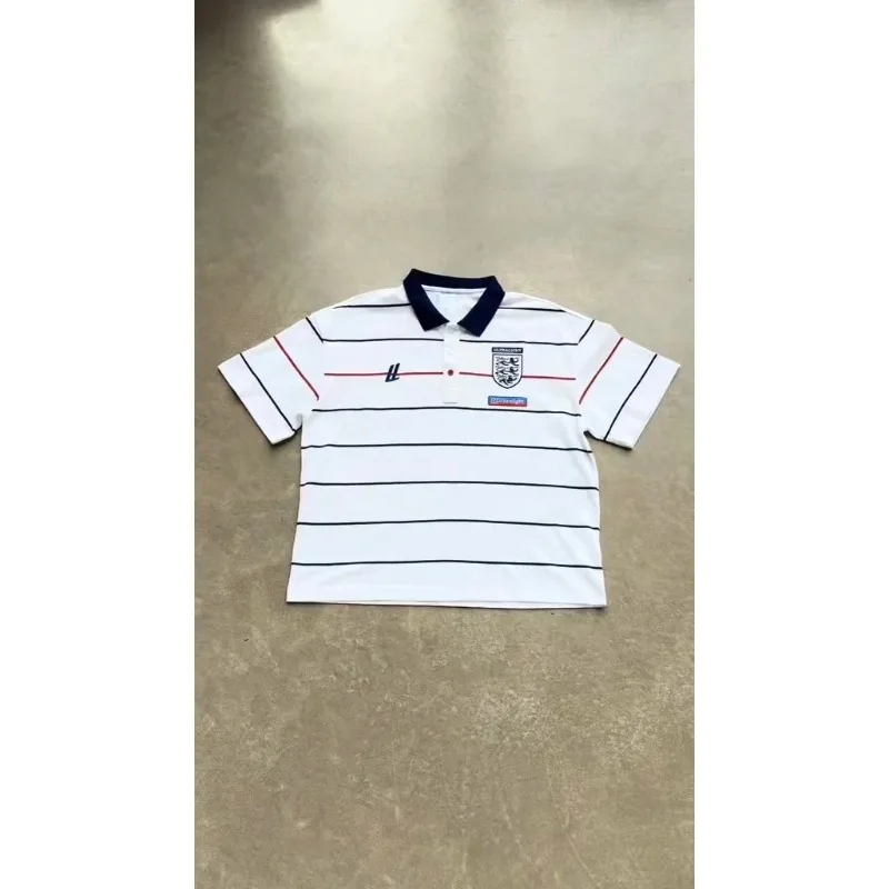 Retro Y2K 2 Pcs Set Street Style Suit Striped Collar Polo Jersey Top Embroidered Bootcut Denim Pants Unisex Casual Streetwear view 6