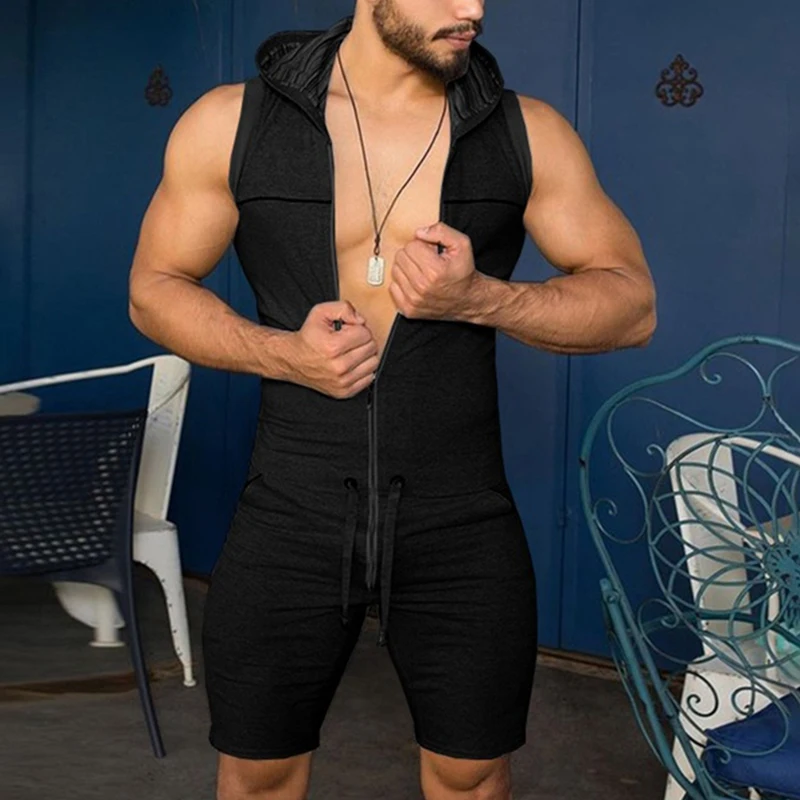 Men Short Jumpsuit Tight Sleeveless Bodysuit Zipper Hooded Rompers Short Pants Casual Home Wear Tracksuit Pajamas