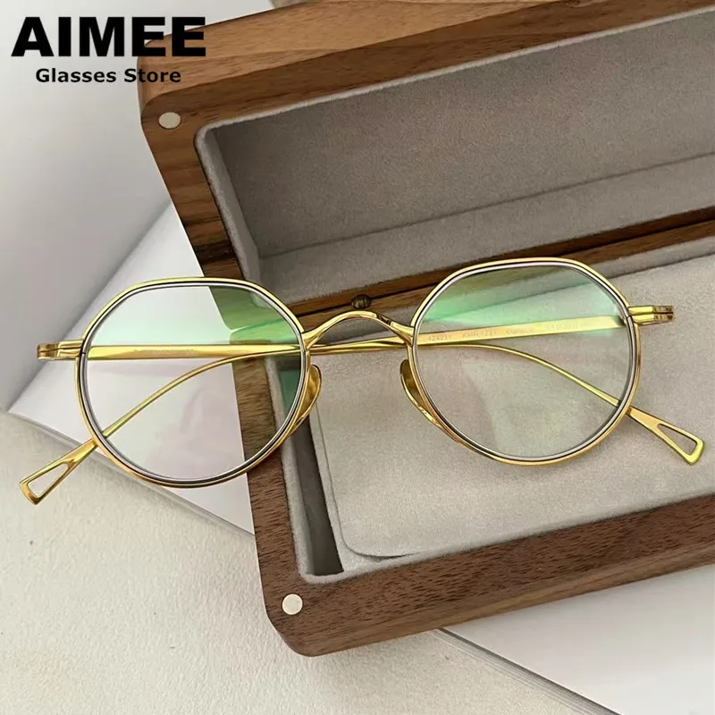 Japanese Handmade Polygon Pure Titanium Glasses Frame Men Women Trend Classic Round Eyeglasses Ultralight Eyewear KMN1231 New