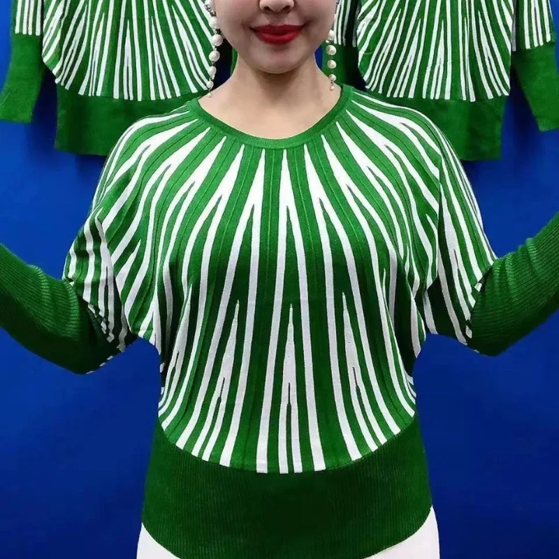 الاتجاه مخطط التباين محبوك البلوفرات الخريف جديد طويل الأكمام س الرقبة فضفاضة Vintage البلوزات قمة الموضة ملابس النساء الأنيقة