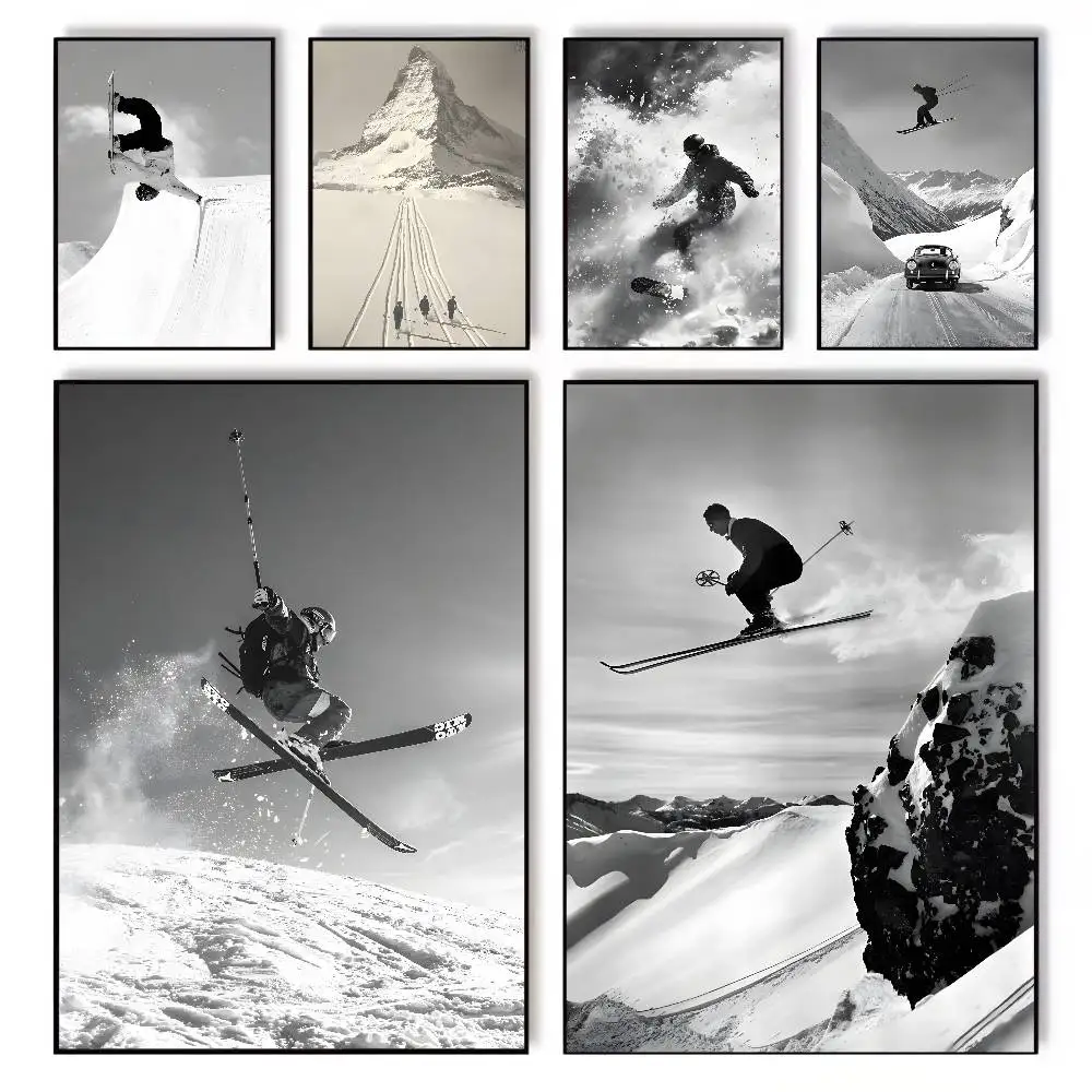 1 Stück (ohne Rahmen) Schwarz-Weiß-Skifoto, Wintersport-Kunst-Leinwand, HD-ästhetischer Druck, Wandkunst für Wohnzimmer, Bar