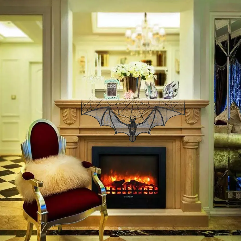 

2 шт. черные кружевные скатерти-паутинки для камина с декором в виде паутины и летучих мышей для домашней вечеринки, Хэллоуин, настольная дорожка, скатерть-паутинка