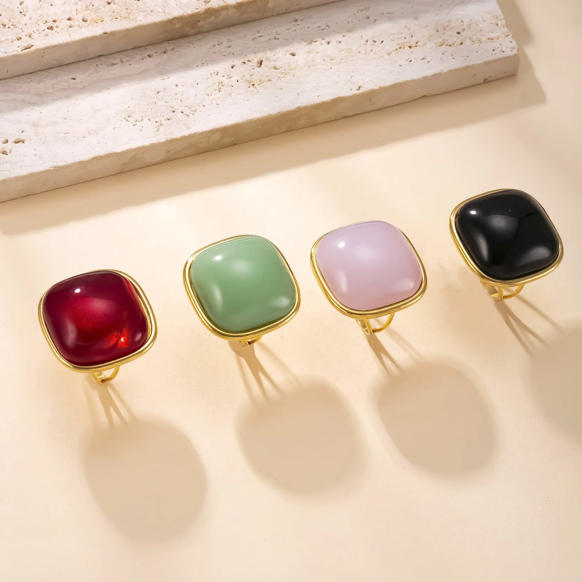 Punk Square Retro Geometric Hollowing Inlay Gem Rings 18K Golden PVD Plated Stainless Steel Summer Popular Charm Jewelry Gift - view 2
