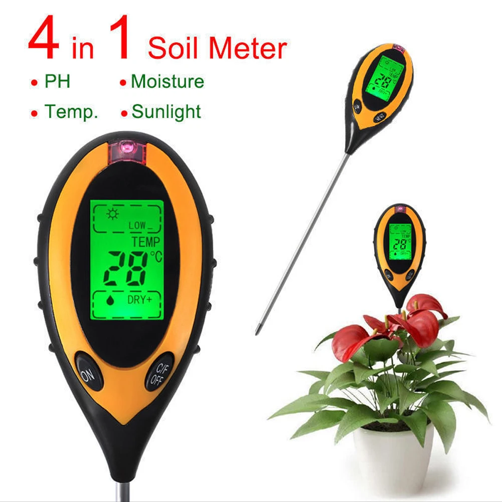 Professional Soil PH Meter 4 In1 LCD Temperature Humidity Sunlight Intensity PH Moisture Meter Garden Soil Tester for Plant Care