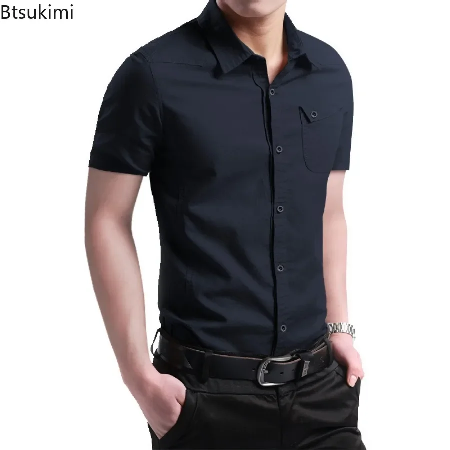 2024 Men\'s Summer Casual Short Sleeve Shirts Solid Cotton Male Fashion Tops Lapel Slim Fit Club Business Office Shirts Men M-5XL