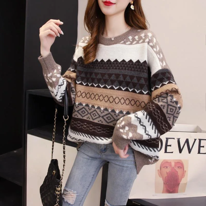 New Autumn and Winter Fashion Lazy Style Retro Jacquard Round Neck Thickened Loose Versatile Western Women\'s Knitted Sweater