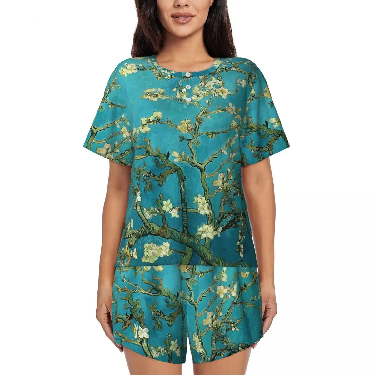 

Ночные сорочки с круглым вырезом и короткими рукавами с изображением цветущей миндальной деревьев Винсента Ван Гога для женщин, мягкий пижамный комплект с короткими штанами