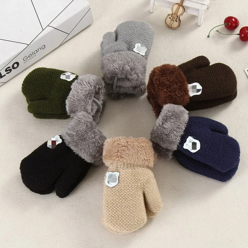 Children Knitted Gloves Winter Thick Warm Cashmere Kids Solid Color Full Finger Gloves Mitten For 1-3 Years kids winter gloves