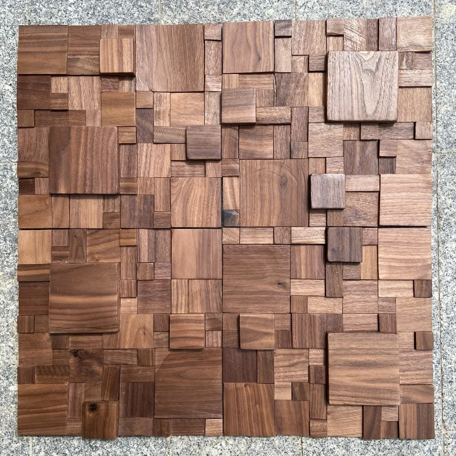 Natural Black Walnut Solid Wood Wall Panel 3D Mosaic Tiles Retro Art Wall Sticker for Home/Office/Bedroom Wall Background Decor