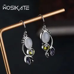 WOSIKATE Vintage 925 Sterling Silver Moonstone Earrings For Women Colorful Zirconia Gemstone Drop Earrings Fashion Jewelry