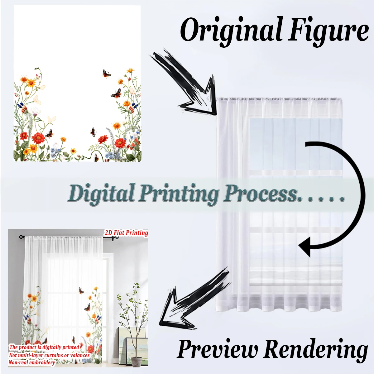 ستارة شفافة بطباعة مسطحة على شكل فراشة، قماش خفيف، لغرفة المعيشة وغرفة النوم وباب المنزل ونافذة الديكور