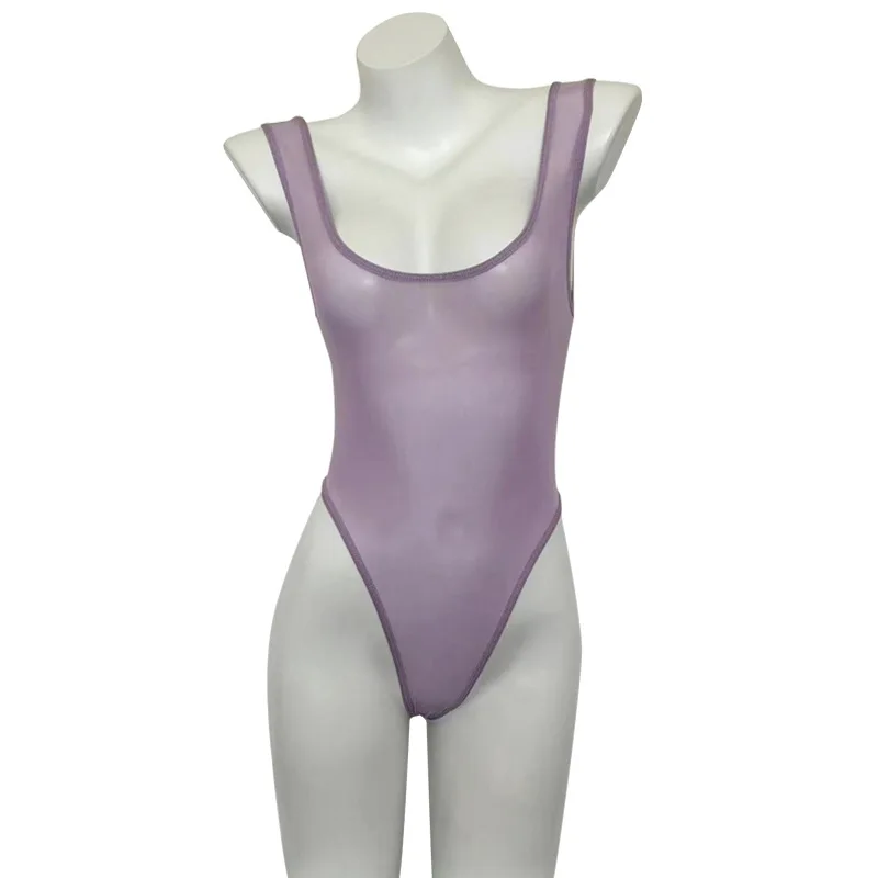 Ice Silk Shiny Sex body donna giapponese trasparente High Cut costume da bagno One Piece Lingerie Babydoll body senza maniche tuta