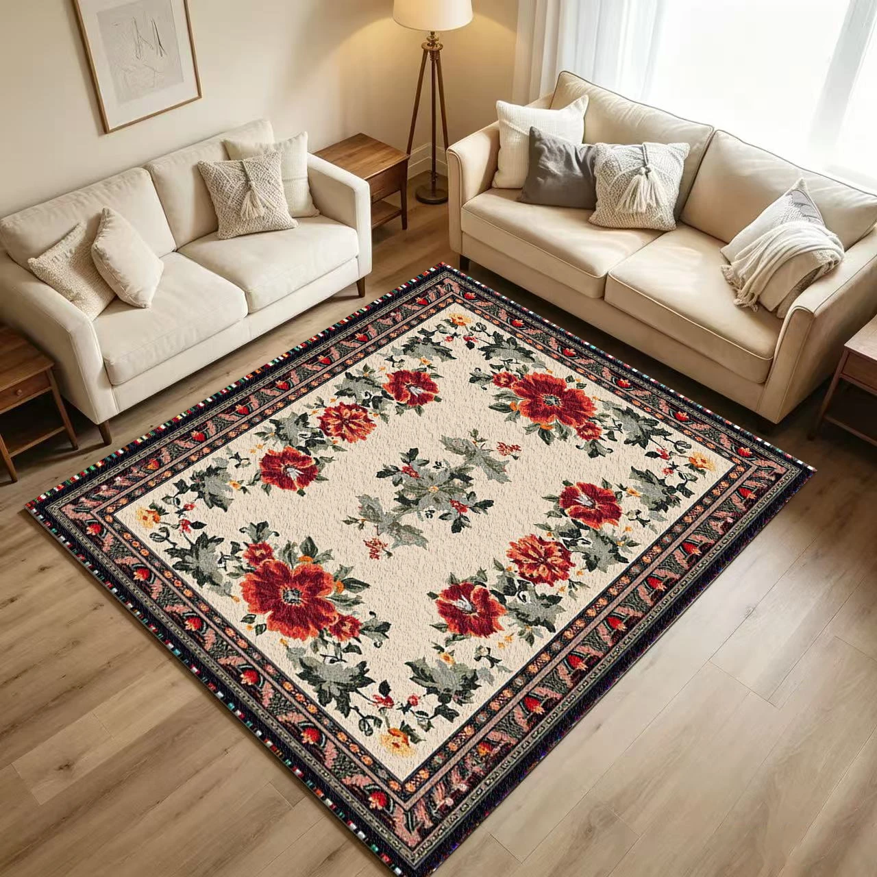 Vintage Big Red Floral Border Carpet Flooring Retro Botanical Printed Floor Rug for Living Room Bedroom Household Interior Decor
