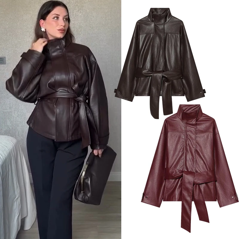 Women Faux Leather Jacket High Stand Collar Belted Biker Coat Vintage PU Motorcycle Jacket Autumn Winter Loose Outerwear