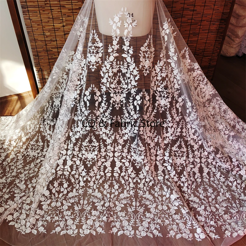 European and American Wedding Dress Lace Fabric Embroidered Leaves Mesh Net Fabric for DIY Dress Designer Fabric