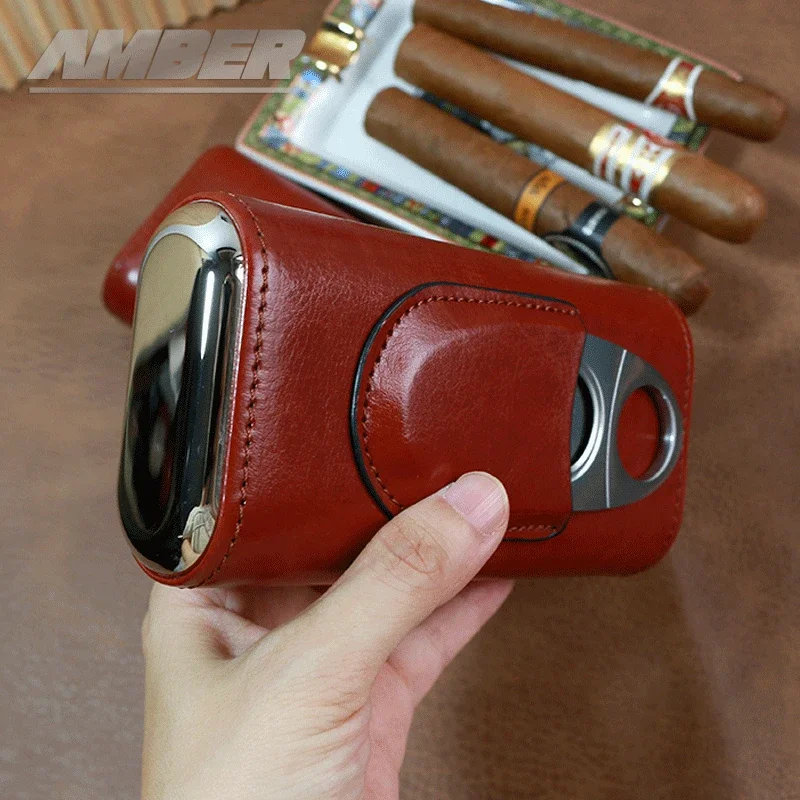 Cigar Case 3- cigars tubes Leather  Travel Portable Humidor with Cedar Wood Lined with Stainless Steel Cigars Cutter