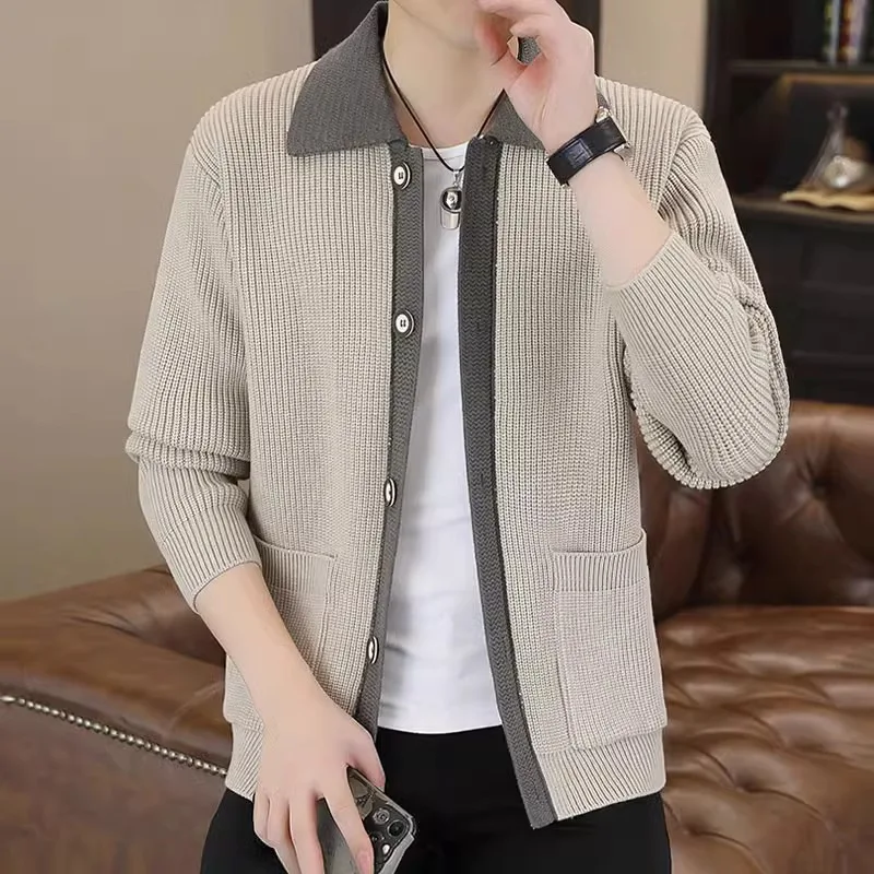 

2026 men's autumn, new color matching lapel, handsome cardigan sweater