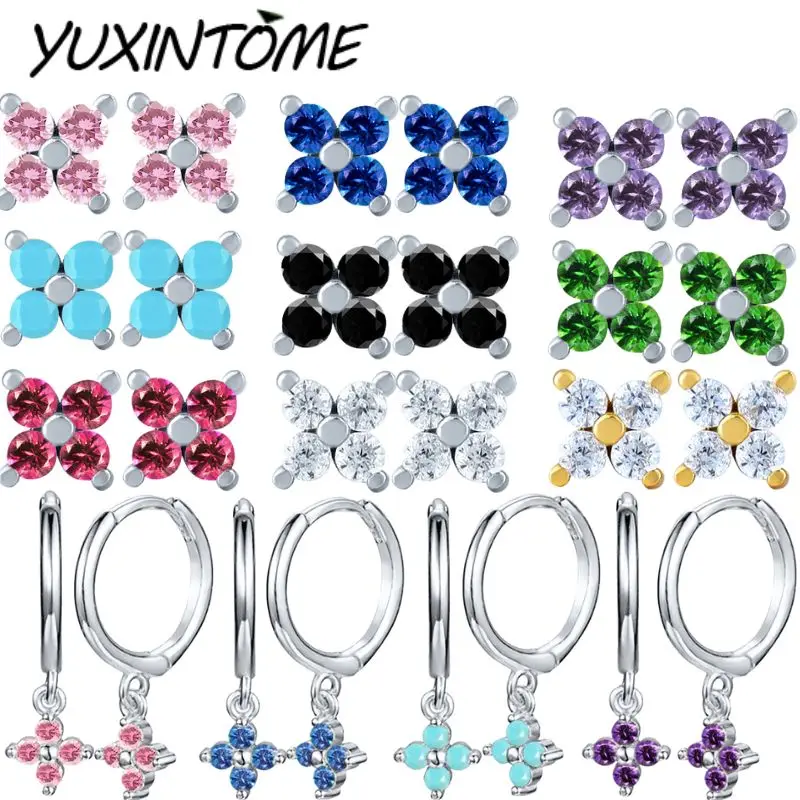 

925 Sterling Silver Ear Needle Sweet small four-leaf flower colorful zircon flower stud earrings/hoop earrings Pendant jewelry