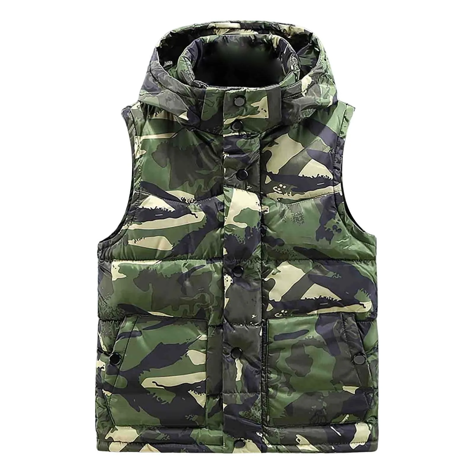 

Men'S Winter Trend Camouflage Outerwear Loose Thick Down Cotton Vest Multiple Pockets Solid Color Casual Hooded Vest Jacket