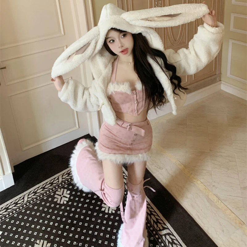 Japanese Kawaii Y2k Lolita Style 3 Piece Set Hot Girls Rabbit Ear Plush Short Hooded Coat Sexy Party Mini Skirt Women Sweet Suit