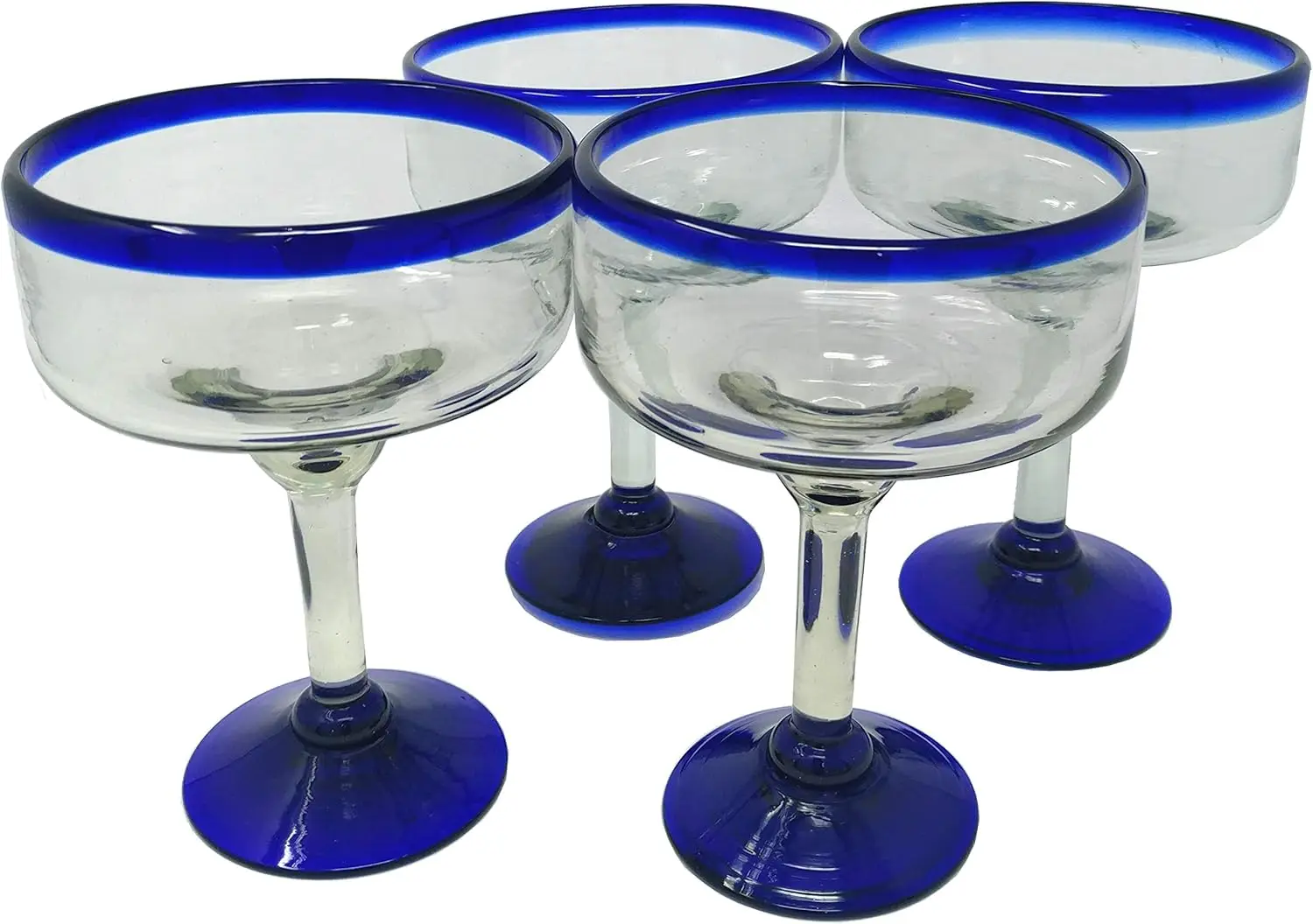 

Set of 4 Hand Blown Margarita Glasses with Cobalt Blue Rim - 16 oz, Artisan Made from Recycled Glass