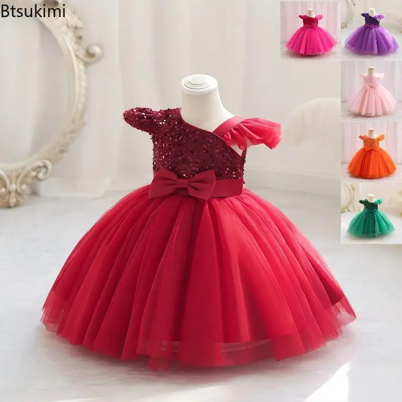 New Girl's Summer One Shoulder Sequin Fluffy Clothes New Off Shoulder Dress Girl Wedding Dress 0-5 Year Old Baby Girls Dress
