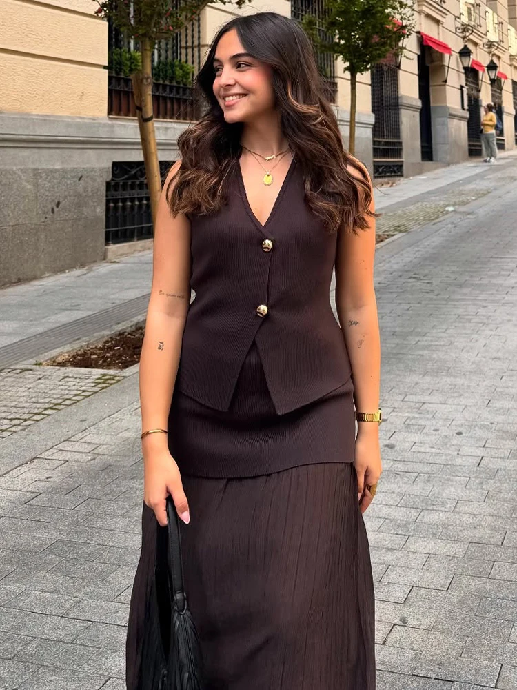 TRAFZA Damski 2-częściowy garnitur Casual Fashion Dzianinowa kamizelka bez rękawów z dekoltem w szpic Kobieta Elegancki luźny zestaw spódnic z wysokim stanem