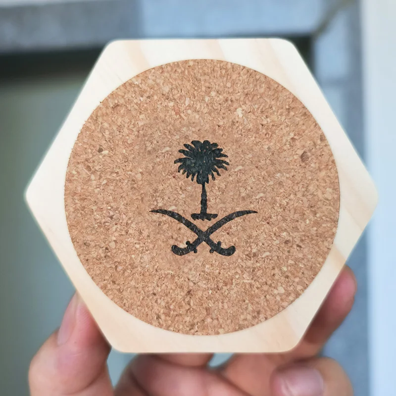 5 Pcs The National Emblem of Saudi Arabia Logo Cork Wooden Coaster Kitchen Accessories Wholesale Custom Diameter 9cm