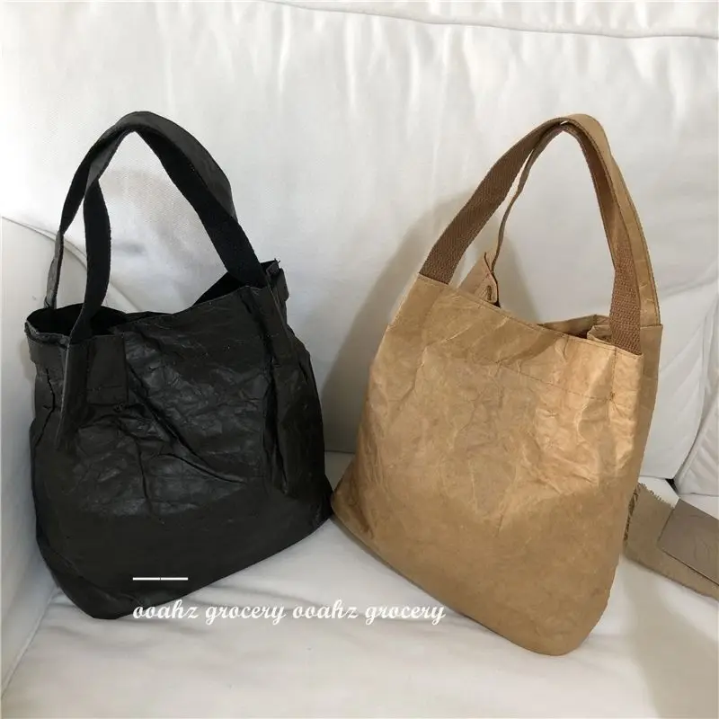 Kraft Paper Bag Women Washable Vintage Folded Corrugated Casual Zipper SOFT Shoulder Bag Handbag Luxury Bag High-Capacity