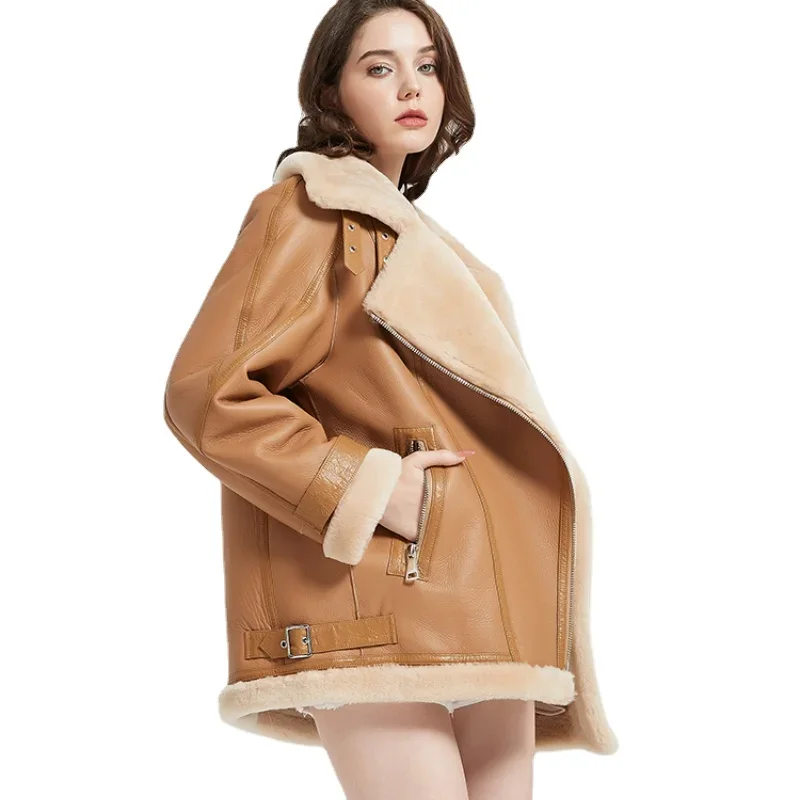 Real Lamb Wool Fur Coat Women's 2023 Winter New Classic Motorcycle Khaki Genuine Leather Sheep Skin Warm Shearling Jacket Women