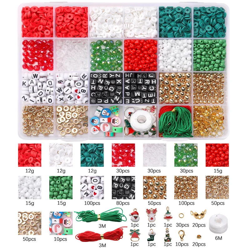 24Gig Christmas DIY Beads Kit 10mm Acrylic Beads Bracelets Necklaces Friendship Bracelet Keychains Jewelry Making Craft Kits
