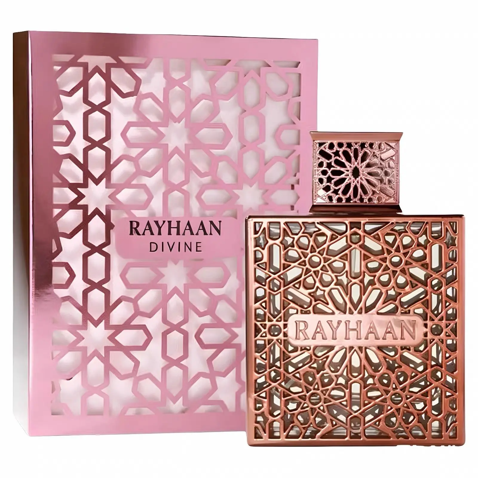 

RAYHAAN DIVINE Goddess perfume, in a rose gold hollowed out carved gift box, with flowers, fruits, milk and amber tones, and EDP fragrance lasting fragrance.