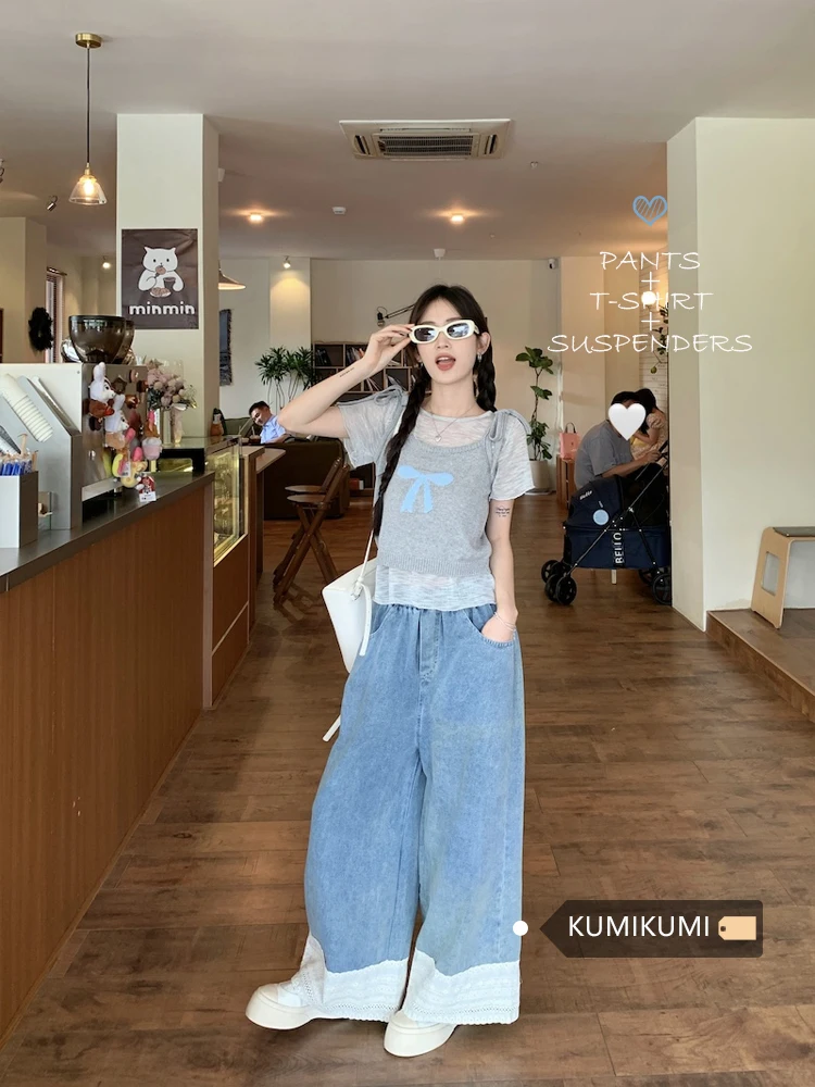 Women Jeans with Lace Hem White Blue Contrast Denim Pants Loose Straight Trouser #korean y2k cloth e-girl fairycore 2000s grunge