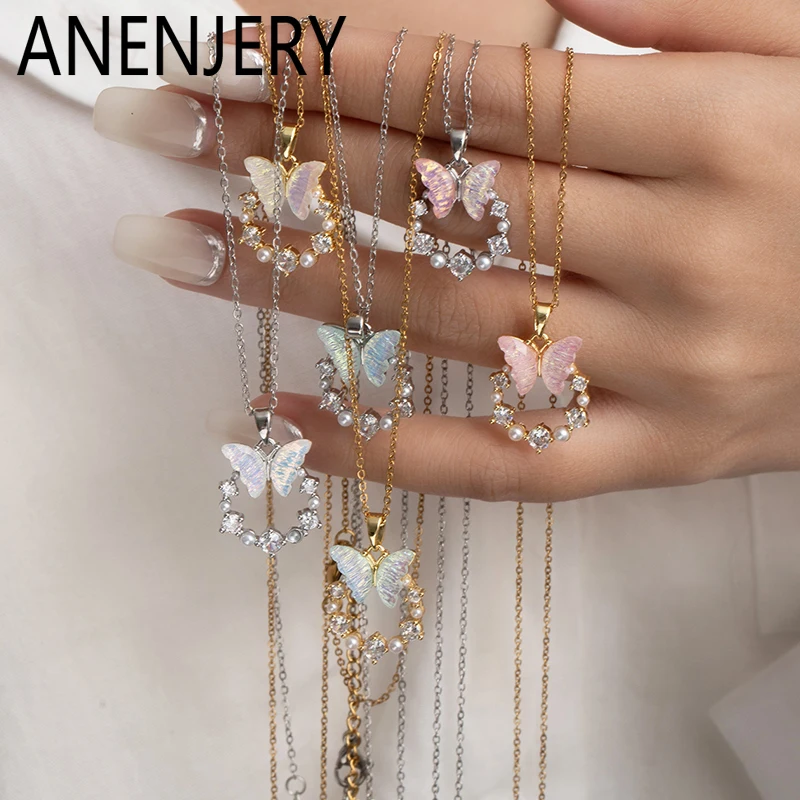 ANENJERY 316L Edelstahl Schmetterling Kranz Glänzende Halskette Für Frauen Zarte Süße Temperament Schmuck Geschenke Großhandel
