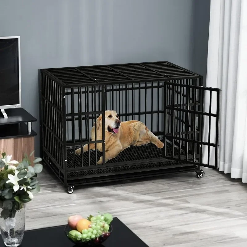 48/38 inch Heavy Duty Indestructible Dog Crate, Escape Proof Dog Cage Kennel with Lockable Wheels,High Anxiety Double Door