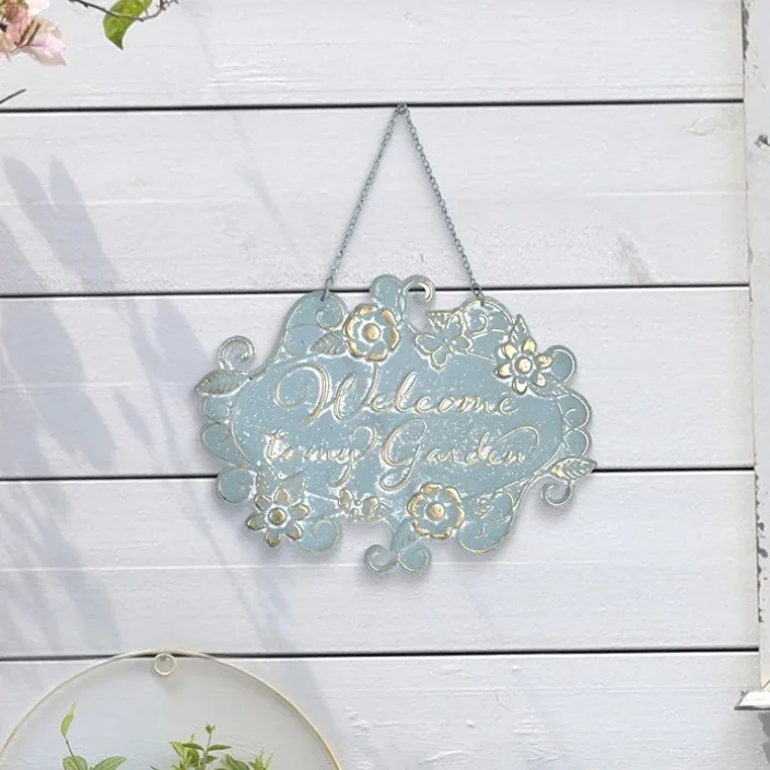 Iron Art Listing Welcome Doorplate European Style Retro Blue White Wall-mounted Garden Courtyard Decorative Signage 31x23cm