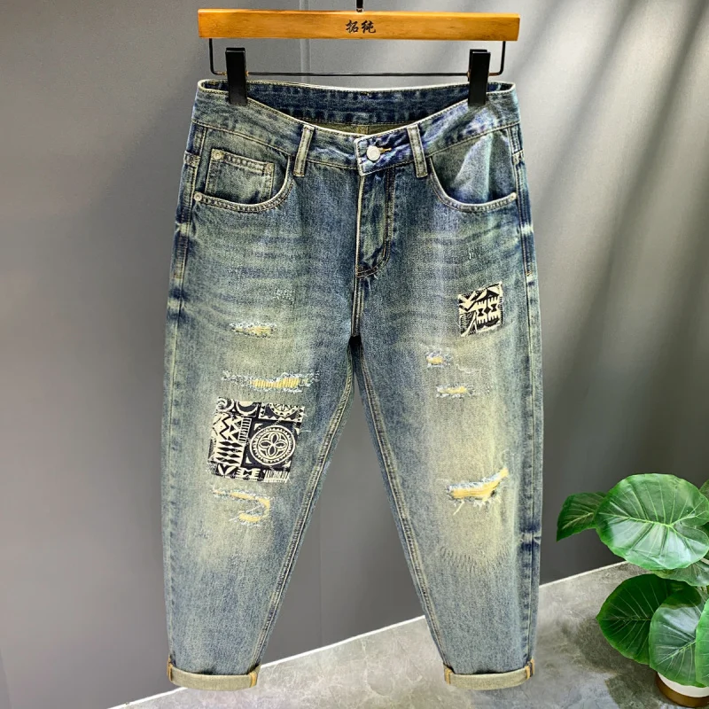 

Fashionable Street Design Jeans Men's Summer Regular Edition Scratched, Broken, Patched, Printed Loose Pants
