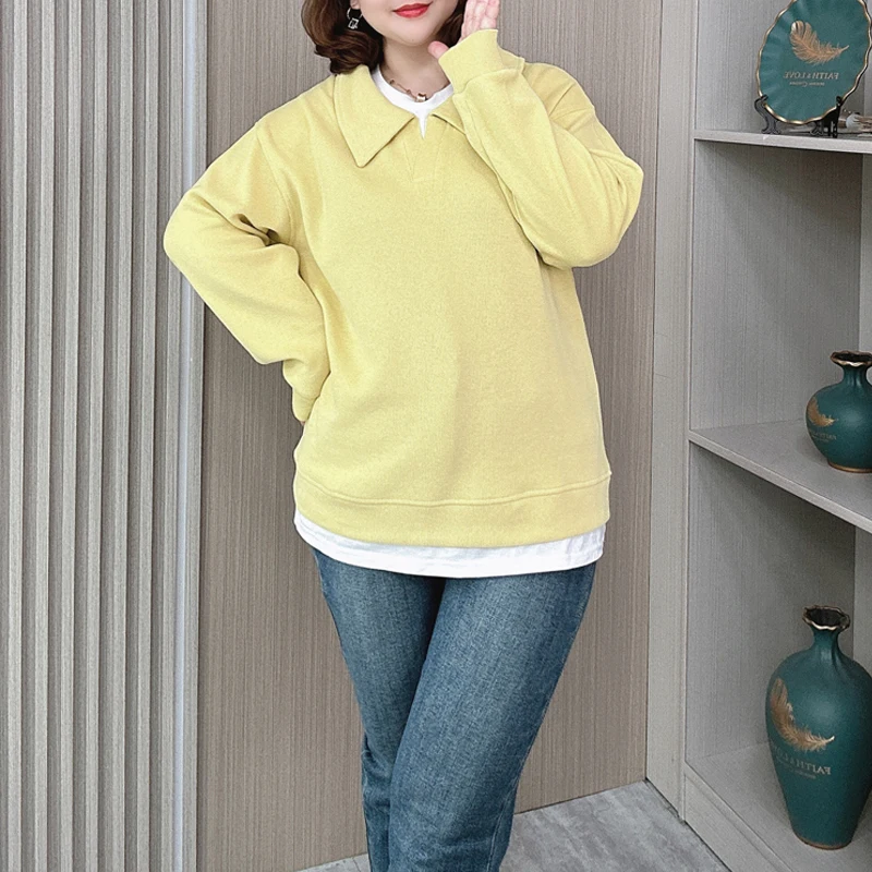 

Women's Long Sleeve Sweatshirt, Fake Two Piece Pullover, Loose Hoodie, Peter Pan Collar, Casual Tops, Plus Size, Spring, Autumn