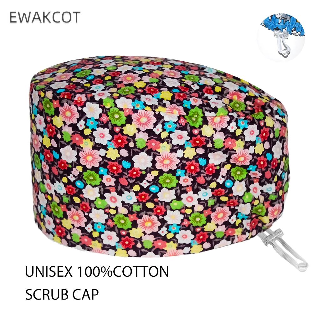 المرأة الأزهار المطبوعة فرك قبعة القطن مطاطا ممرضة طبيب الأسنان طبيب العمل التمريض اكسسوارات قبعة للجنسين الحيوانات الأليفة متجر قبعات جراحية