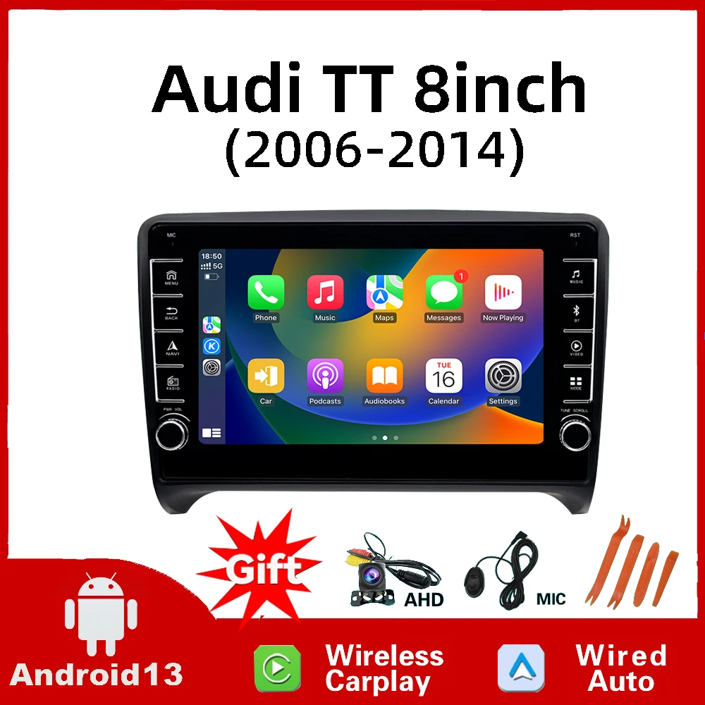 أندرويد 13 Carplay راديو السيارة التلقائي لأودي TT MK2 8J 2006 - 2014 الملاحة نظام تحديد المواقع مشغل وسائط متعددة فيديو ستيريو واي فاي + 4G رئيس وحدة