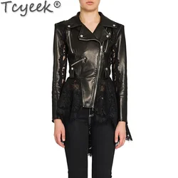 Tcyeek Sheepskin Genuine Leather Jacket Lace Women's Leather Jacket Spring Coats Motorcycle Slim Short Jackets Veste Cuir Femme