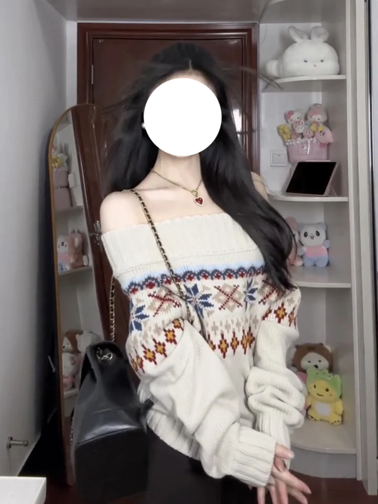 Sweter damski w stylu retro Fair Isle z odkrytymi ramionami, luźny, swobodny, z odkrytymi ramionami, dzianinowy top w stylu forest system na jesień i zimę.