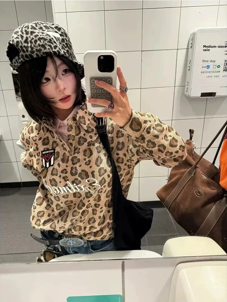 American Street Style Long Sleeve Leopard Print Casual Shirt Unisex Loose Fit Versatile Comfortable Breathable Cotton Po...